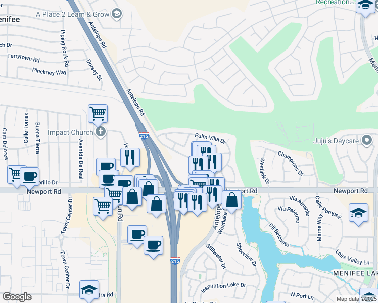 map of restaurants, bars, coffee shops, grocery stores, and more near 28097 Lemonwood Drive in Menifee