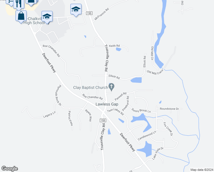 map of restaurants, bars, coffee shops, grocery stores, and more near 6301 Trussville Clay Road in Trussville