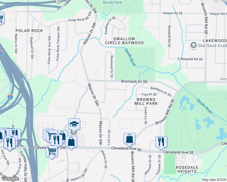 map of restaurants, bars, coffee shops, grocery stores, and more near 108 Hillsdale Drive Southeast in Atlanta