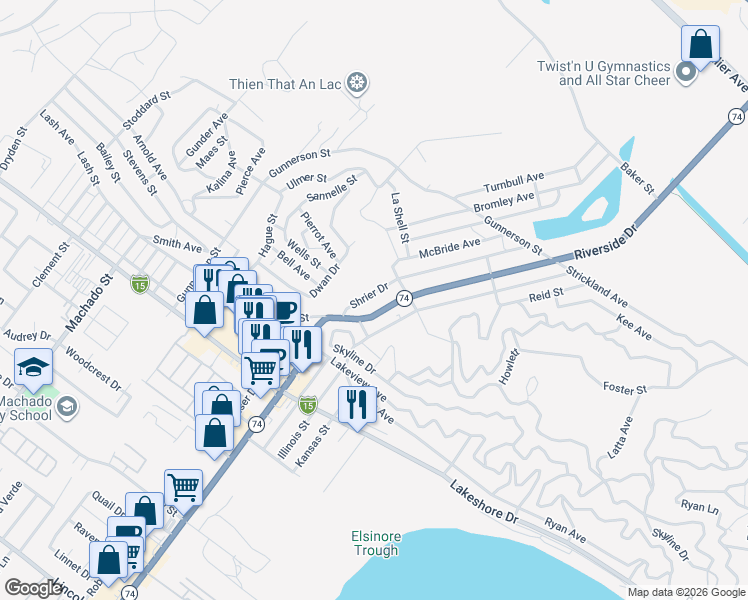 map of restaurants, bars, coffee shops, grocery stores, and more near in Lake Elsinore