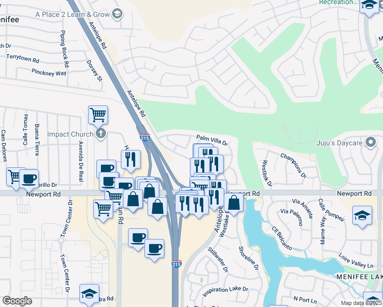 map of restaurants, bars, coffee shops, grocery stores, and more near 28101 Orangegrove Avenue in Menifee