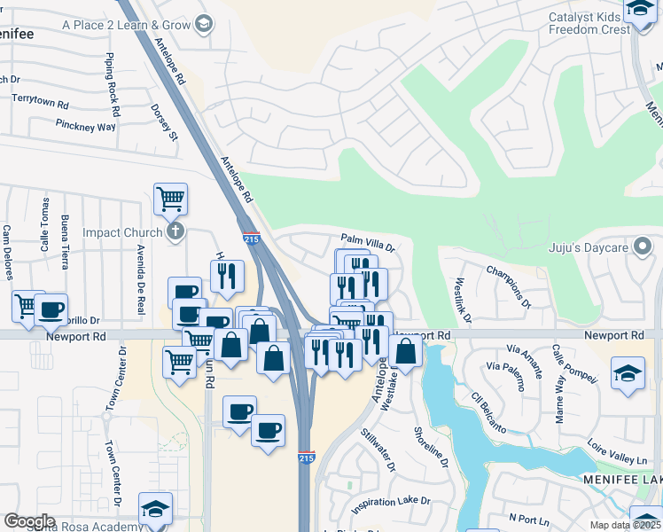 map of restaurants, bars, coffee shops, grocery stores, and more near 28101 Orangegrove Avenue in Menifee
