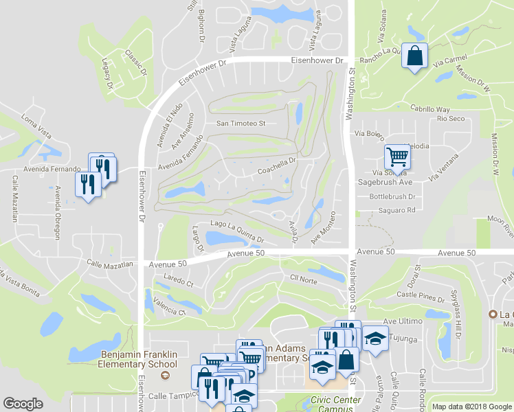 map of restaurants, bars, coffee shops, grocery stores, and more near 78180 Hacienda La Quinta Drive in La Quinta