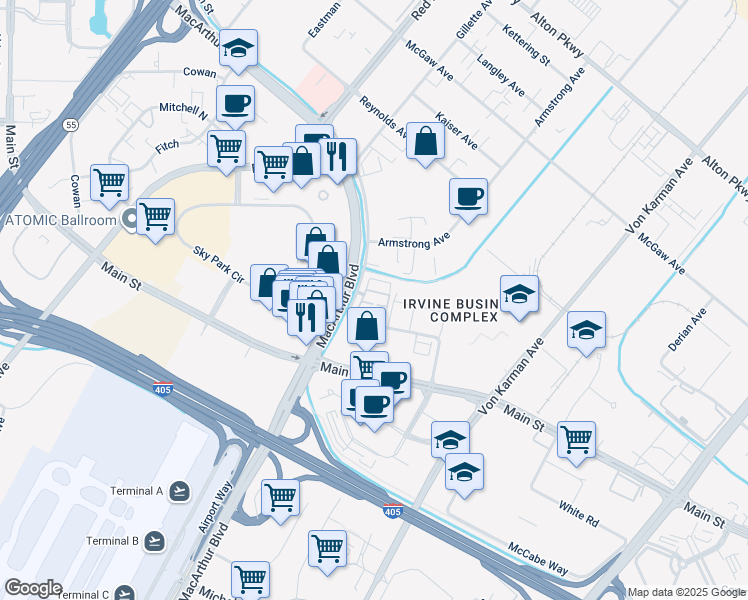 map of restaurants, bars, coffee shops, grocery stores, and more near 321 Placemark in Irvine