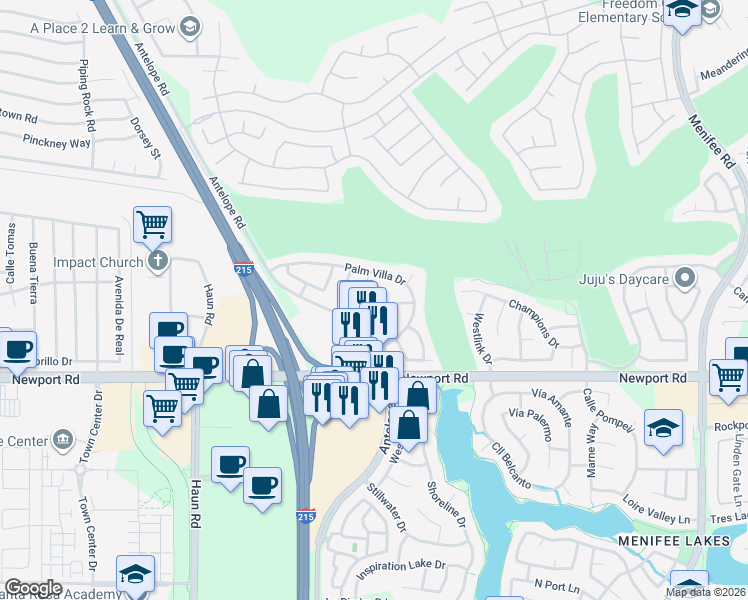 map of restaurants, bars, coffee shops, grocery stores, and more near 29831 Coral Tree Court in Menifee