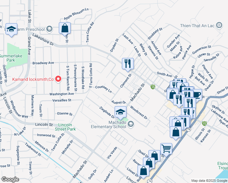 map of restaurants, bars, coffee shops, grocery stores, and more near 15104 Courtney Lane in Lake Elsinore