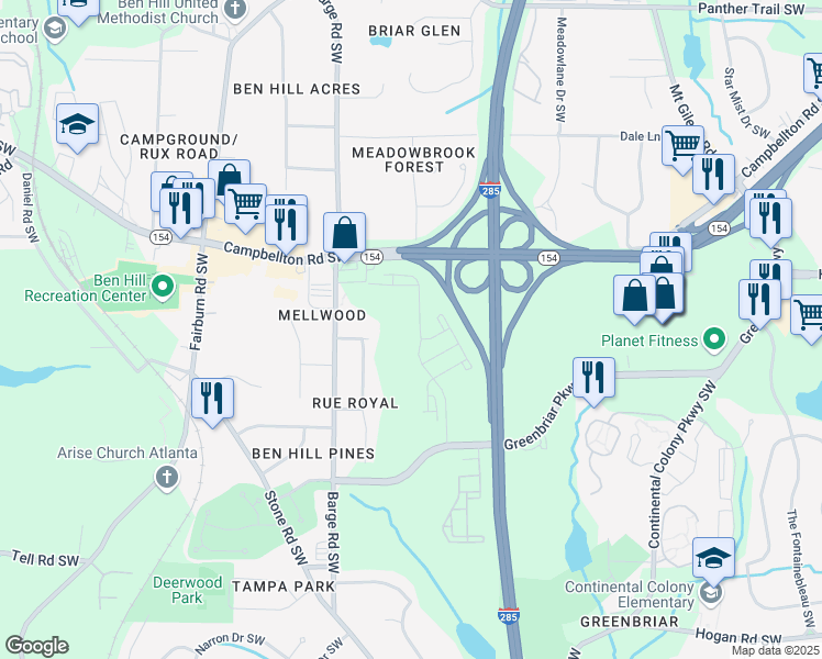 map of restaurants, bars, coffee shops, grocery stores, and more near 2400 Barge Road Southwest in Atlanta