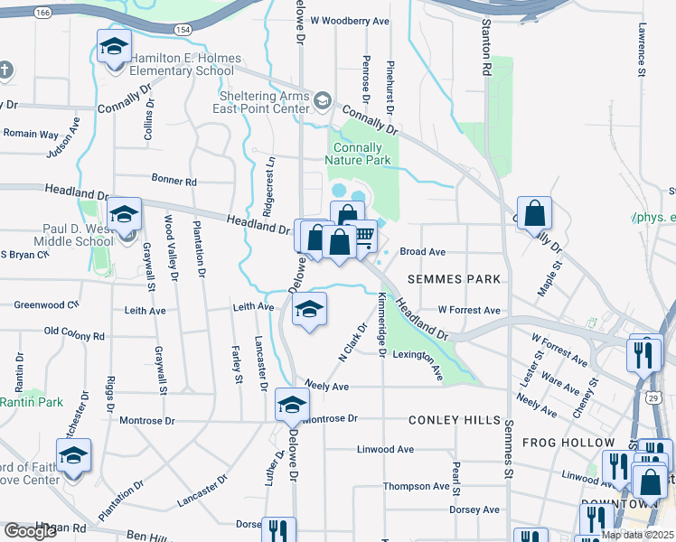 map of restaurants, bars, coffee shops, grocery stores, and more near 2020 Headland Drive in East Point