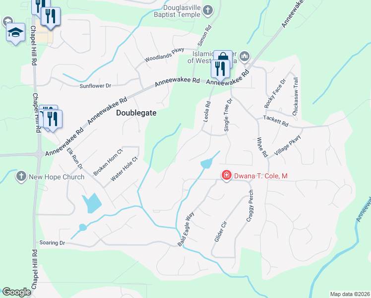 map of restaurants, bars, coffee shops, grocery stores, and more near 4295 Leola Road in Douglasville