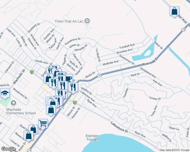 map of restaurants, bars, coffee shops, grocery stores, and more near in Lake Elsinore