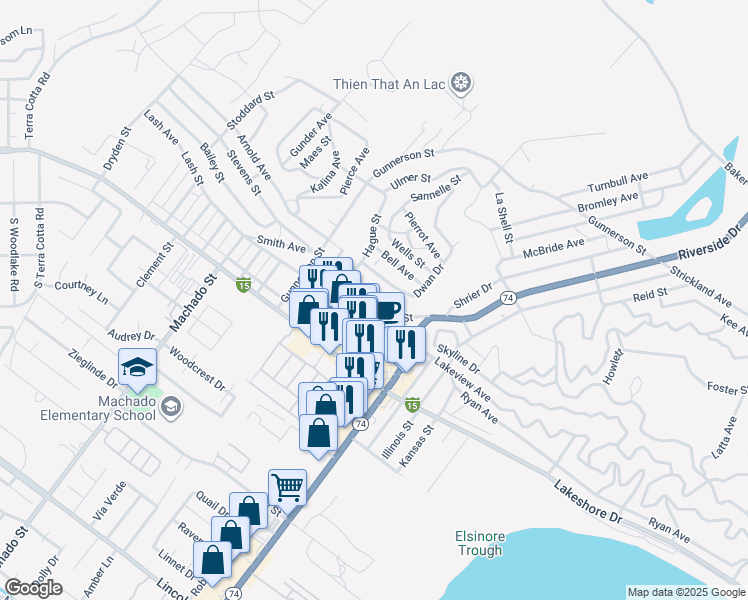 map of restaurants, bars, coffee shops, grocery stores, and more near Hunt Avenue in Lake Elsinore