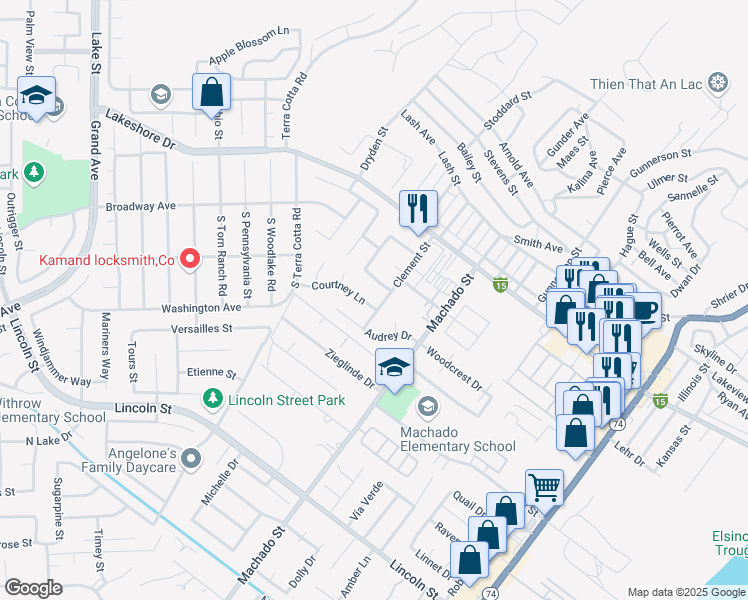 map of restaurants, bars, coffee shops, grocery stores, and more near 15104 Courtney Lane in Lake Elsinore