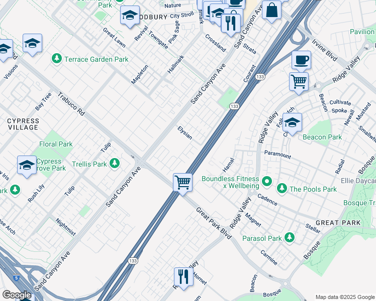map of restaurants, bars, coffee shops, grocery stores, and more near 58 Townsend in Irvine