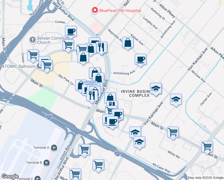 map of restaurants, bars, coffee shops, grocery stores, and more near 335 Placemark in Irvine
