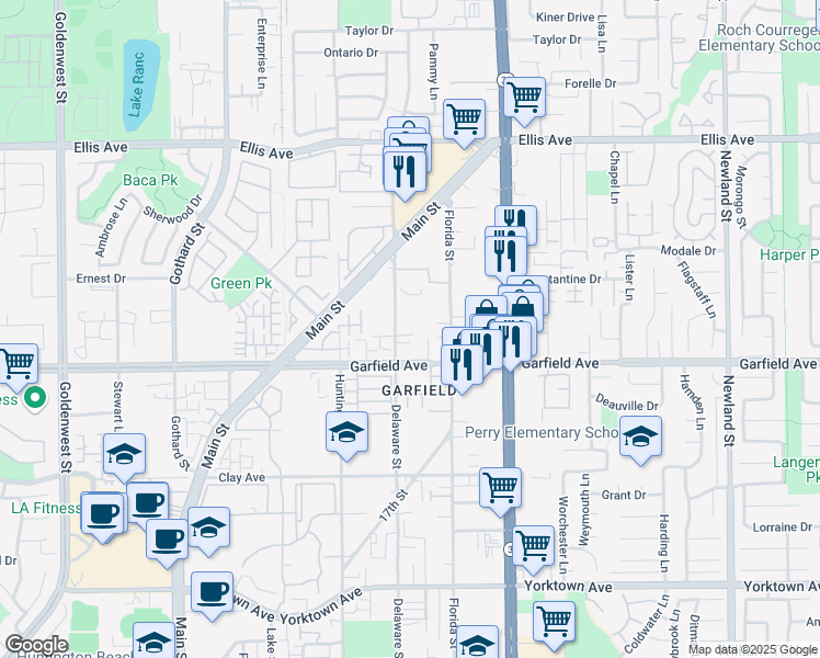 map of restaurants, bars, coffee shops, grocery stores, and more near 18900 Delaware Street in Huntington Beach