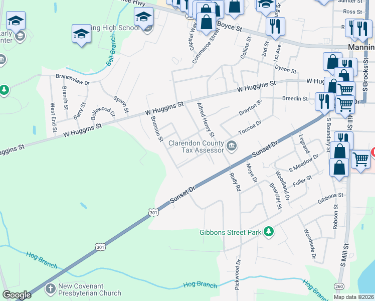 map of restaurants, bars, coffee shops, grocery stores, and more near 1-13 J K Breedins in Manning