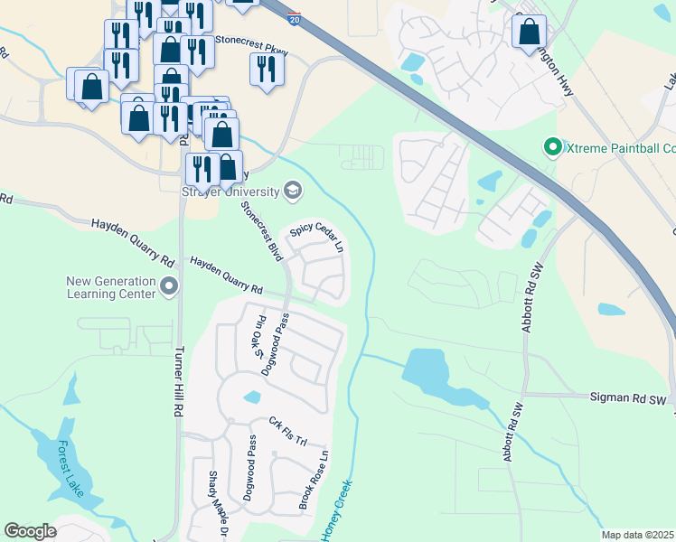 map of restaurants, bars, coffee shops, grocery stores, and more near 7526 Stone Creek Path in Stonecrest