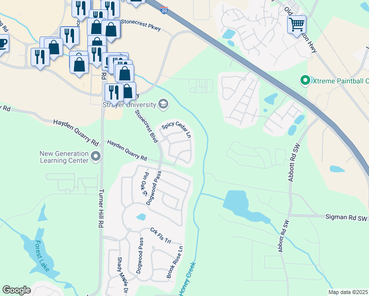 map of restaurants, bars, coffee shops, grocery stores, and more near 7536 Roseberry Way in Stonecrest
