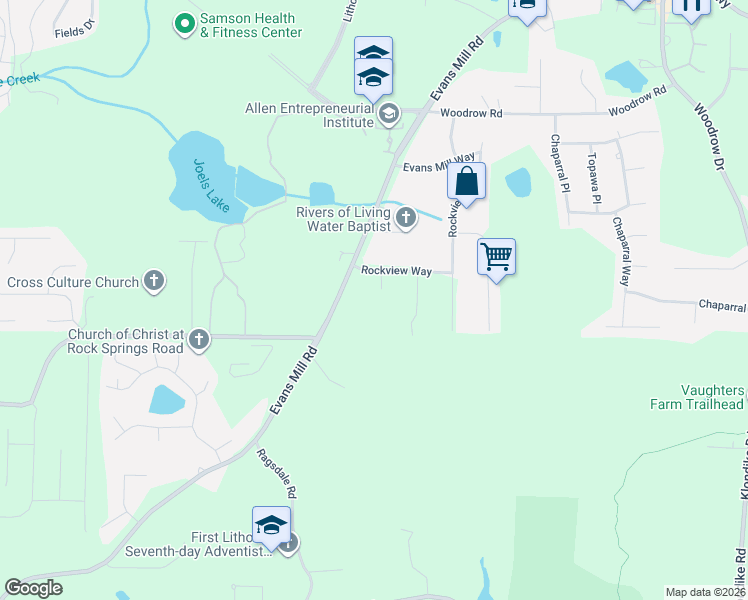 map of restaurants, bars, coffee shops, grocery stores, and more near 3381 South Rockview Court in Stonecrest