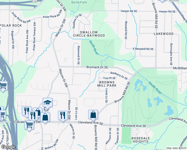 map of restaurants, bars, coffee shops, grocery stores, and more near 2442 Antwerp Drive Southeast in Atlanta