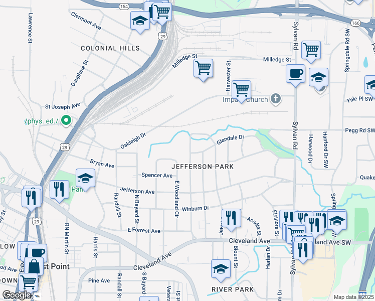 map of restaurants, bars, coffee shops, grocery stores, and more near 2441 Jefferson Terrace in East Point
