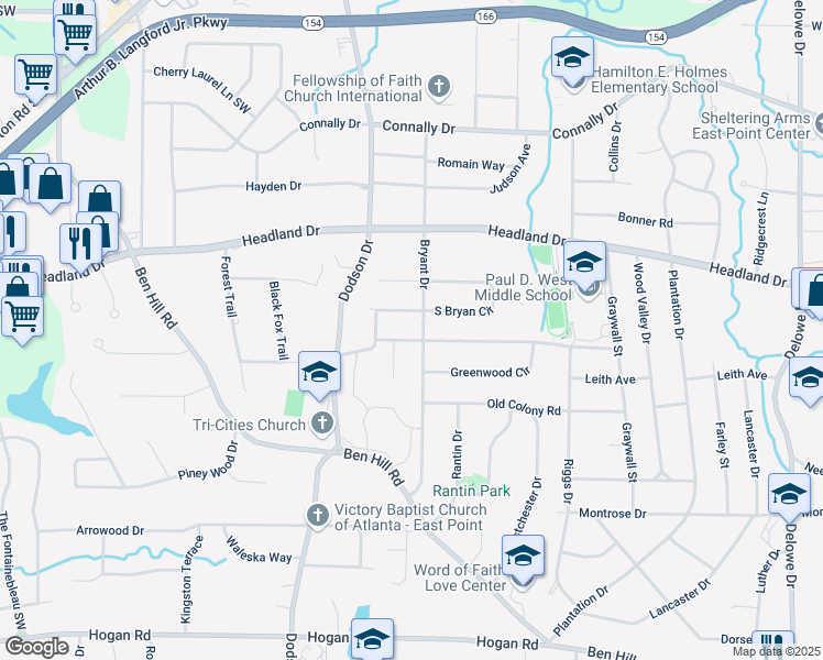 map of restaurants, bars, coffee shops, grocery stores, and more near 2569 Woodhill Lane in East Point