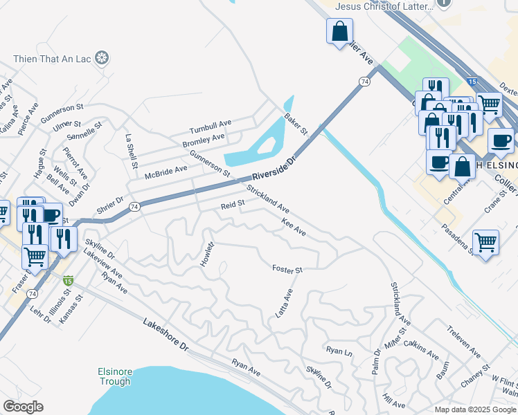 map of restaurants, bars, coffee shops, grocery stores, and more near Kee Avenue in Lake Elsinore