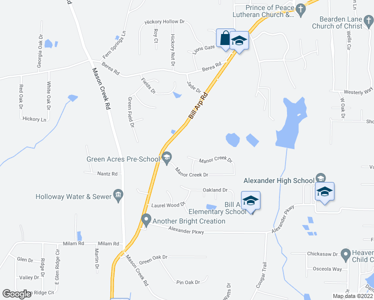 map of restaurants, bars, coffee shops, grocery stores, and more near 6525 Manor Creek Drive in Douglasville