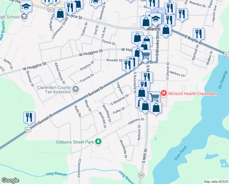 map of restaurants, bars, coffee shops, grocery stores, and more near 300 North Meadow Drive in Manning