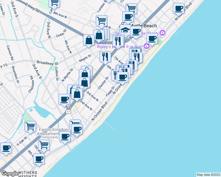 map of restaurants, bars, coffee shops, grocery stores, and more near 405 Flagg Street in Myrtle Beach