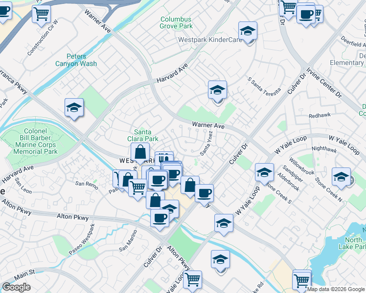 map of restaurants, bars, coffee shops, grocery stores, and more near 32 Santa Victoria Aisle in Irvine