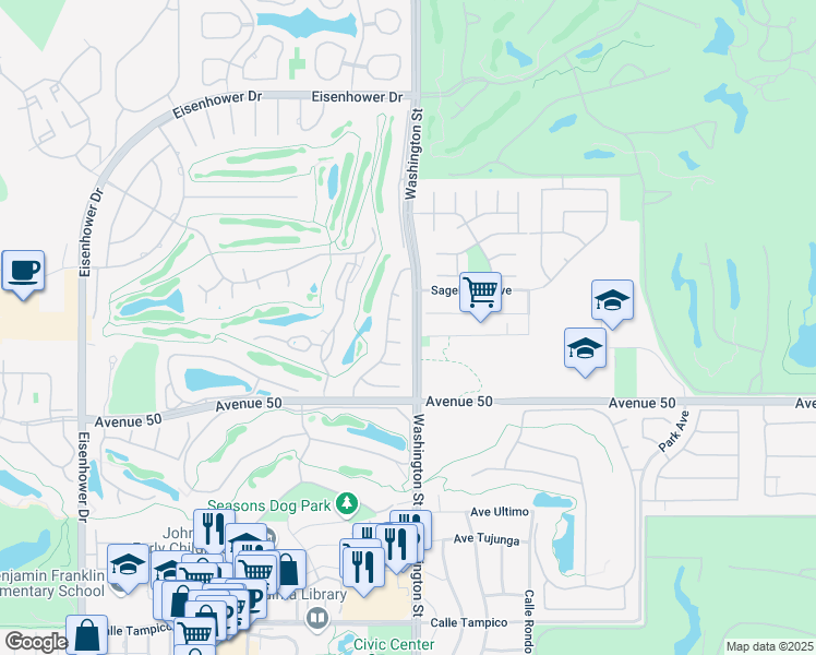 map of restaurants, bars, coffee shops, grocery stores, and more near 78483 Calle Huerta in La Quinta