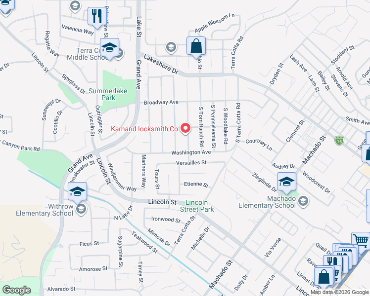 map of restaurants, bars, coffee shops, grocery stores, and more near 15242 Washington Street in Lake Elsinore