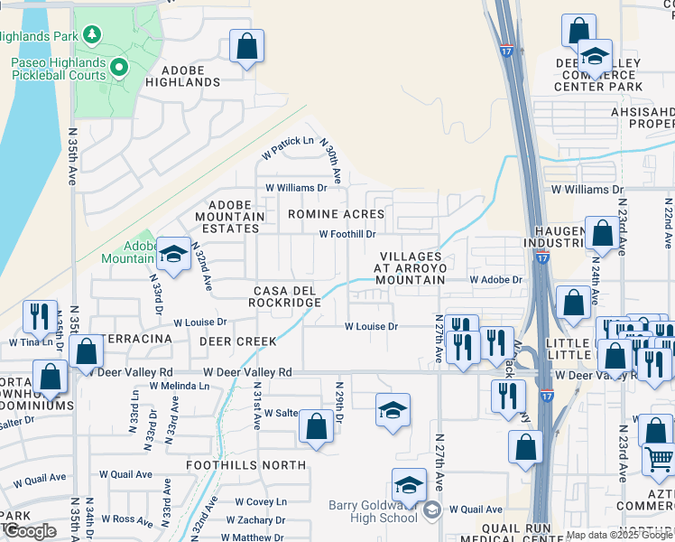 map of restaurants, bars, coffee shops, grocery stores, and more near 22225 North 29th Drive in Phoenix