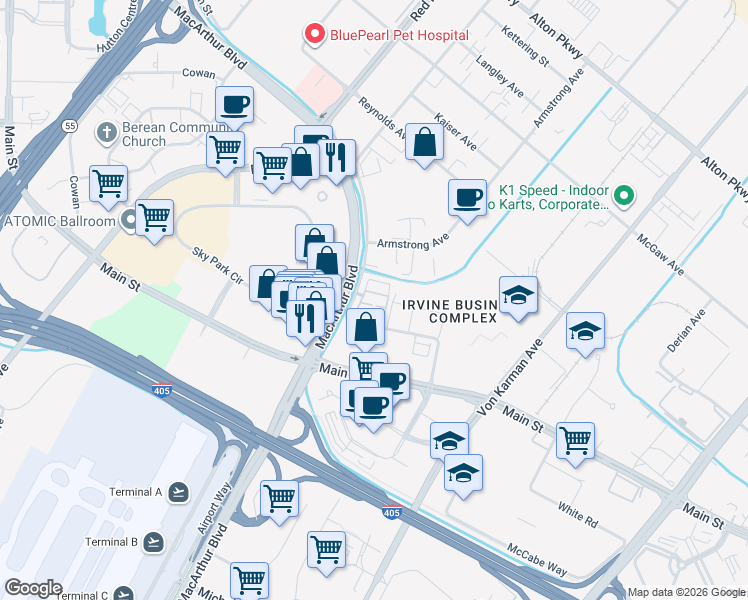 map of restaurants, bars, coffee shops, grocery stores, and more near 224 Placemark in Irvine