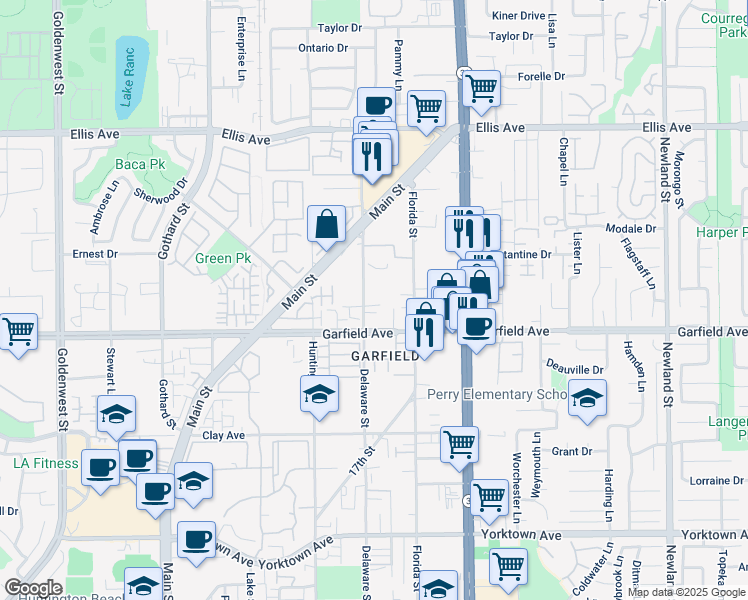 map of restaurants, bars, coffee shops, grocery stores, and more near 18922 Delaware Street in Huntington Beach