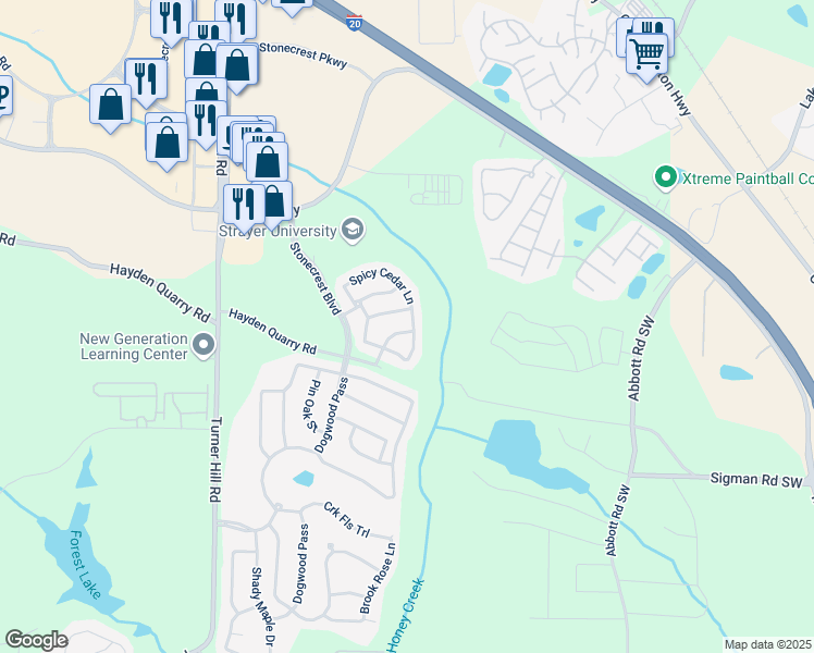 map of restaurants, bars, coffee shops, grocery stores, and more near 7526 Stone Creek Path in Stonecrest