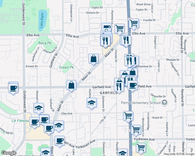map of restaurants, bars, coffee shops, grocery stores, and more near 18800 Main Street in Huntington Beach