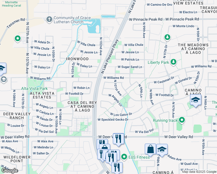 map of restaurants, bars, coffee shops, grocery stores, and more near 10180 West Cashman Drive in Peoria