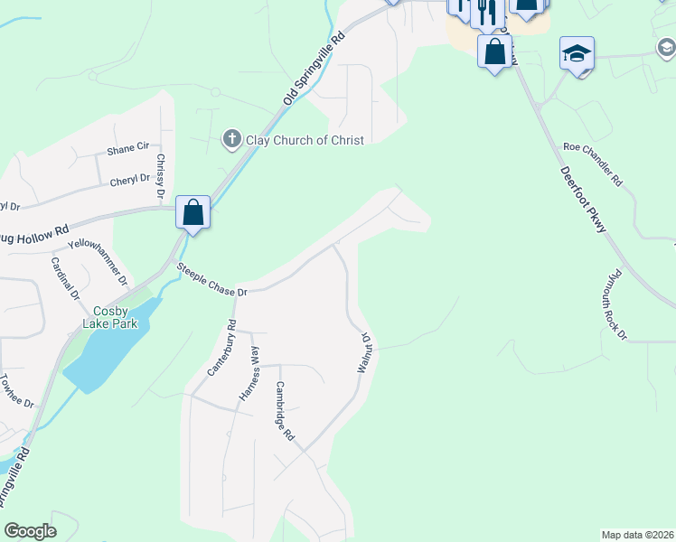 map of restaurants, bars, coffee shops, grocery stores, and more near 6087 Steeple Chase Drive in Pinson