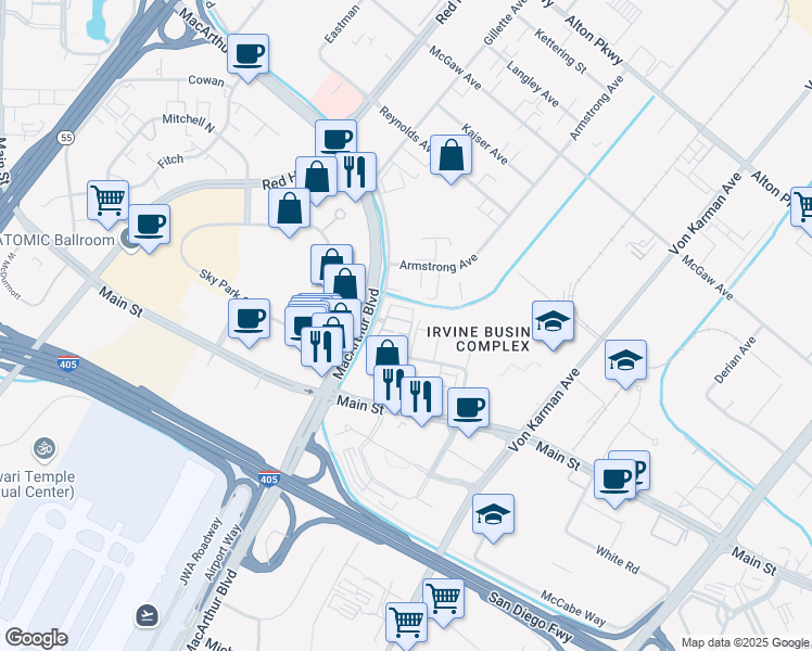 map of restaurants, bars, coffee shops, grocery stores, and more near 224 Placemark in Irvine