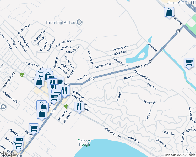 map of restaurants, bars, coffee shops, grocery stores, and more near Riverside Drive in Lake Elsinore
