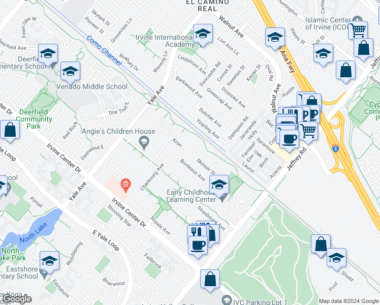 map of restaurants, bars, coffee shops, grocery stores, and more near 15102 Lorenat Street in Irvine