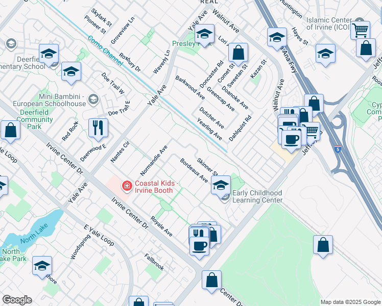 map of restaurants, bars, coffee shops, grocery stores, and more near 15102 Lorenat Street in Irvine