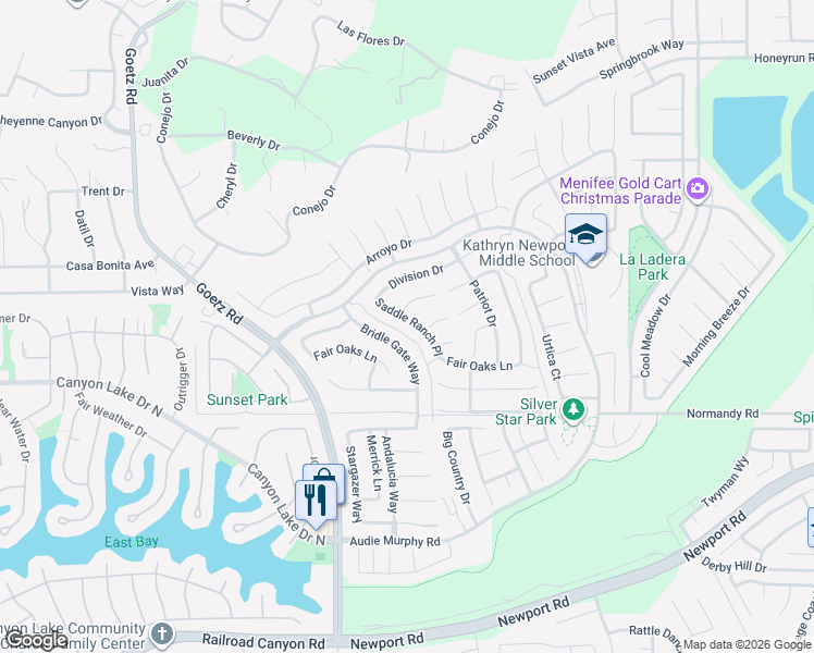 map of restaurants, bars, coffee shops, grocery stores, and more near 29735 Saddle Ranch Place in Menifee