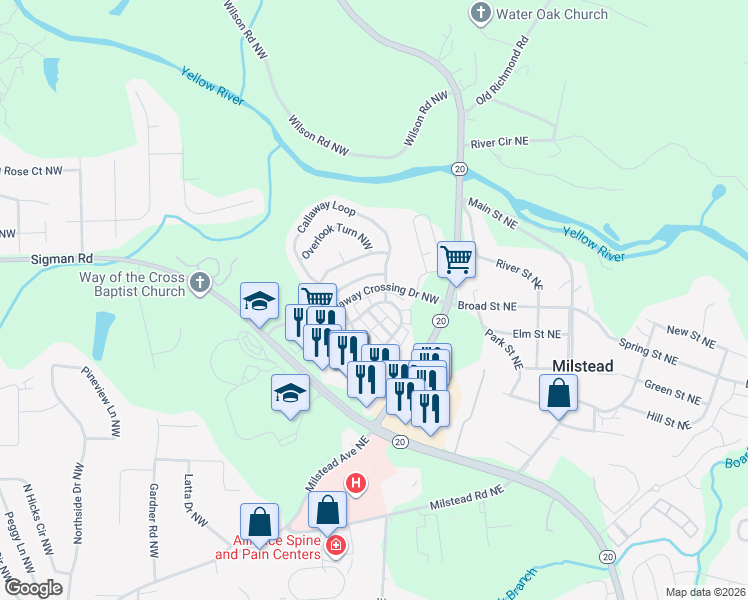map of restaurants, bars, coffee shops, grocery stores, and more near 247 Odyssey Turn Northwest in Conyers