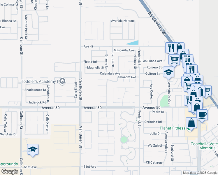 map of restaurants, bars, coffee shops, grocery stores, and more near 49732 Washingtonia Avenue in Coachella