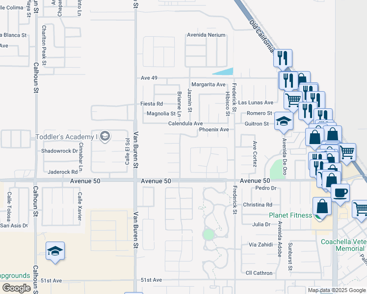 map of restaurants, bars, coffee shops, grocery stores, and more near 49732 Washingtonia Avenue in Coachella