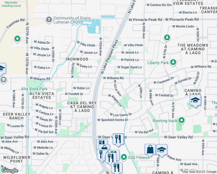 map of restaurants, bars, coffee shops, grocery stores, and more near 10180 West Cashman Drive in Peoria