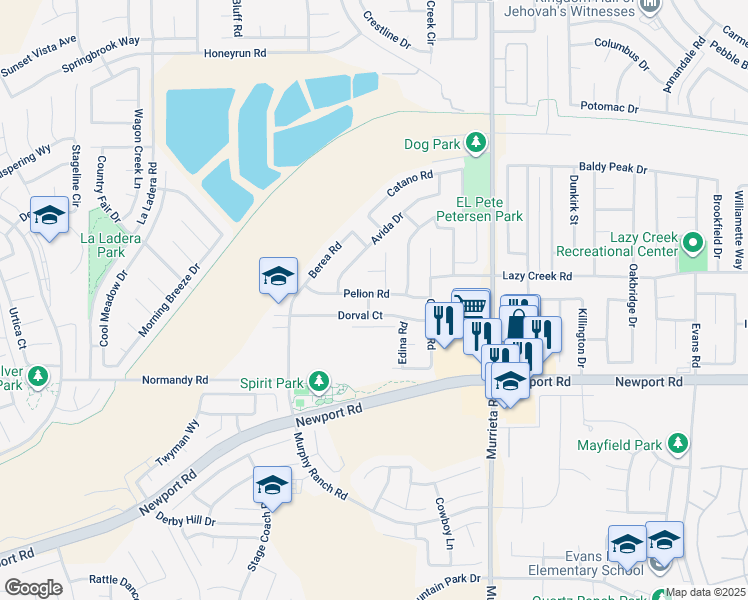 map of restaurants, bars, coffee shops, grocery stores, and more near 25692 Pelion Road in Menifee